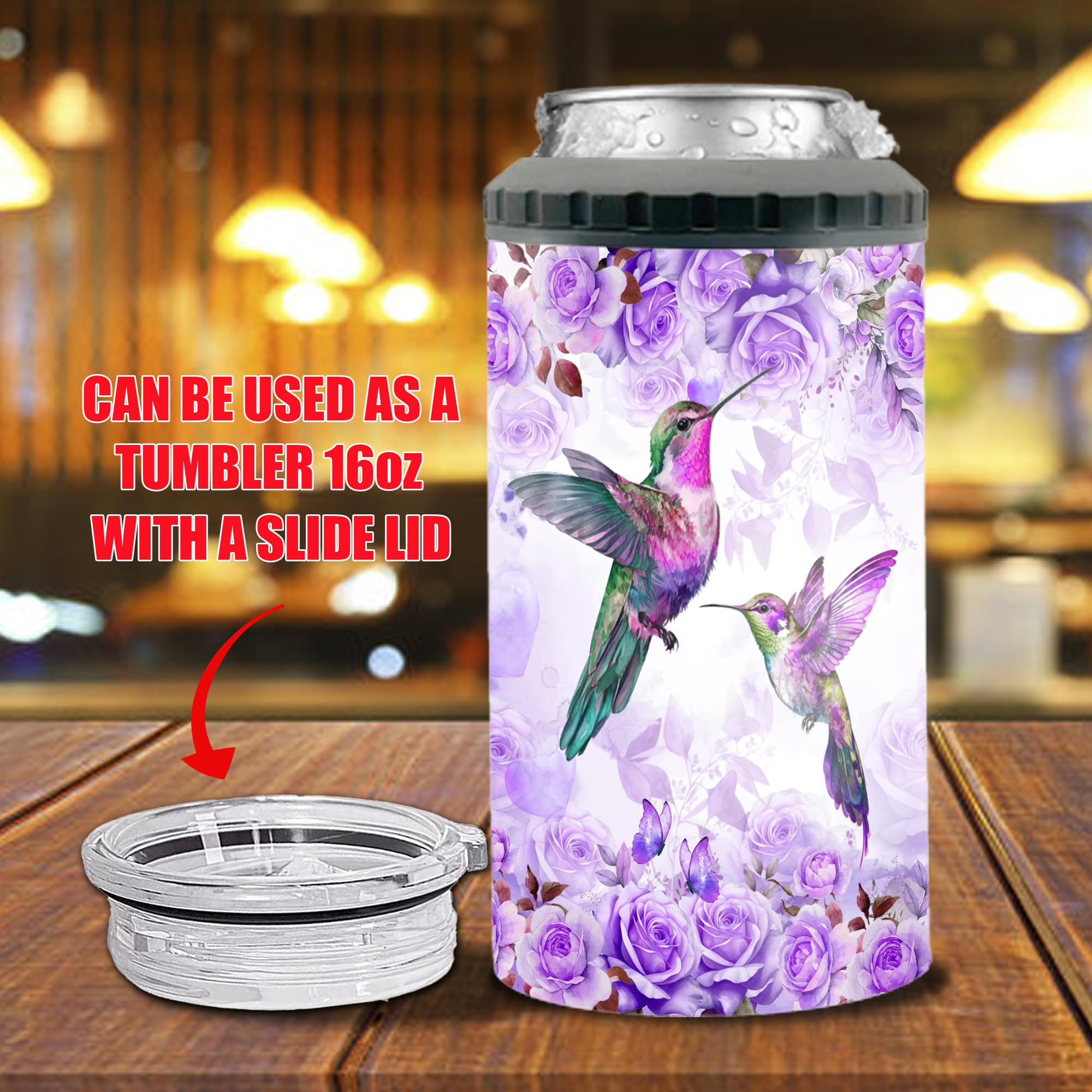 Personalized Hummingbird Flower Can Cooler 4-in-1 Stainless Steel Insulated 16oz Tumbler With Lid Custom Name For Girls Women Mothers Day Birthday Christmas Gifts Ideas Holder Cups Works All 12oz Cans - Image 4