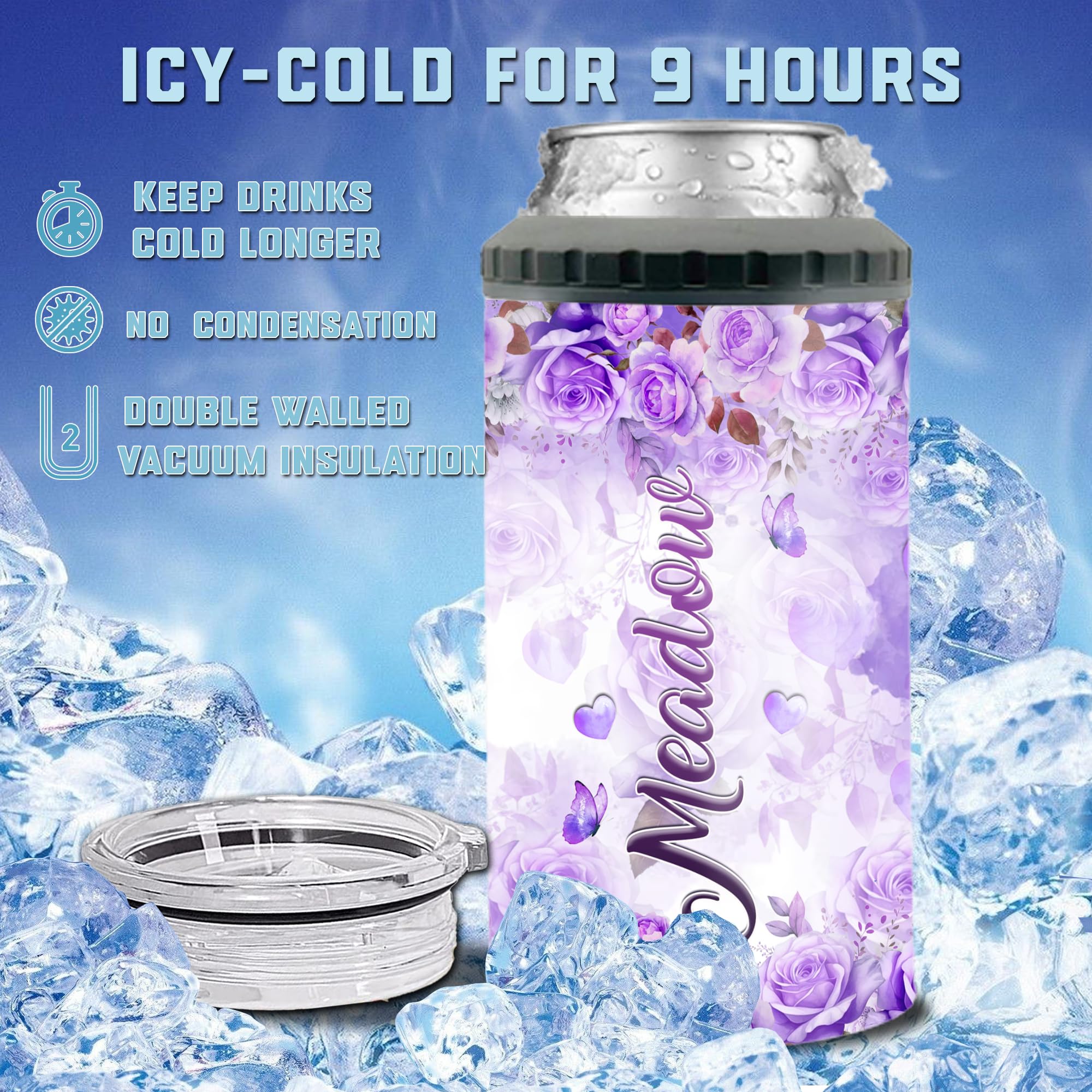 Personalized Hummingbird Flower Can Cooler 4-in-1 Stainless Steel Insulated 16oz Tumbler With Lid Custom Name For Girls Women Mothers Day Birthday Christmas Gifts Ideas Holder Cups Works All 12oz Cans - Image 5