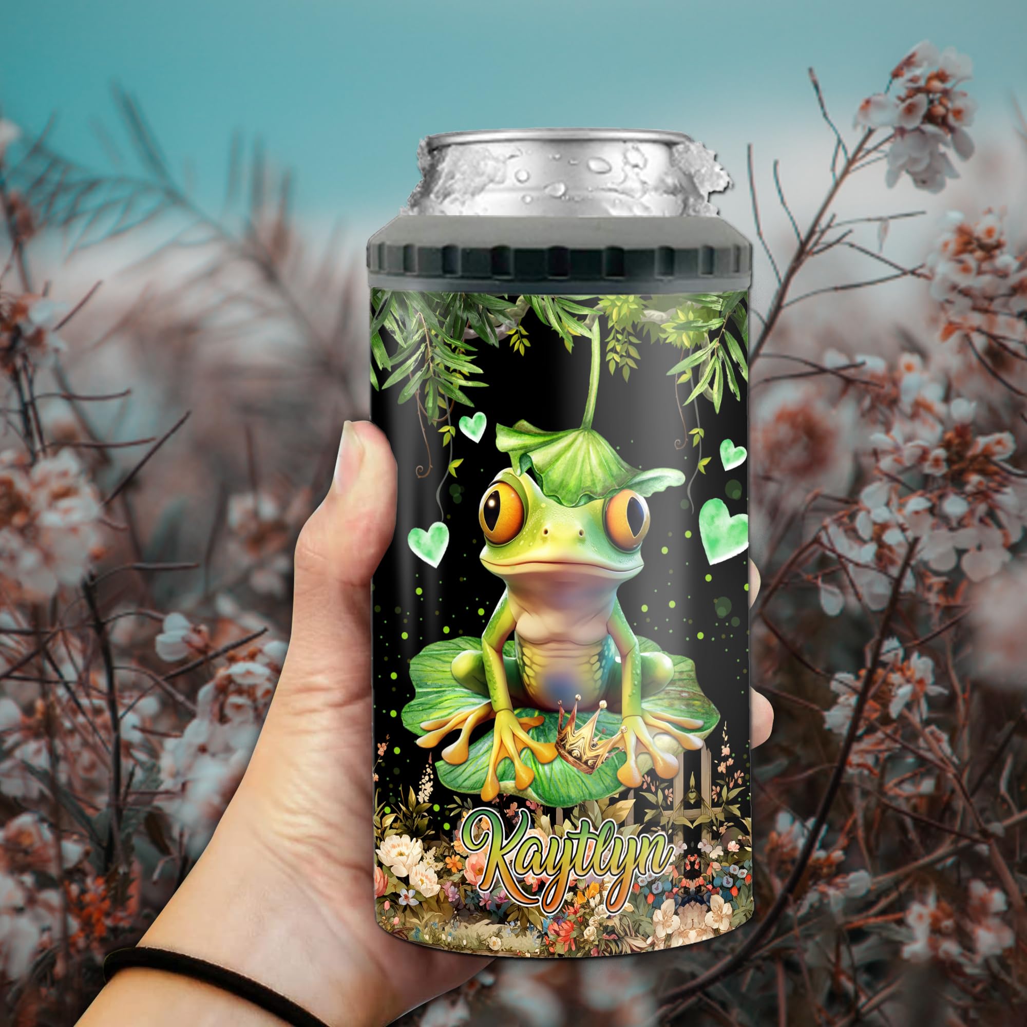 Personalized I Just Freaking Love Frogs Can Cooler 4-in-1 Insulated Double Wall 16oz Tumbler With Lid Custom Name Gifts Birthday Christmas For Women Girl Floral Frog Lovers Holder Works All 12oz Cans - Image 3