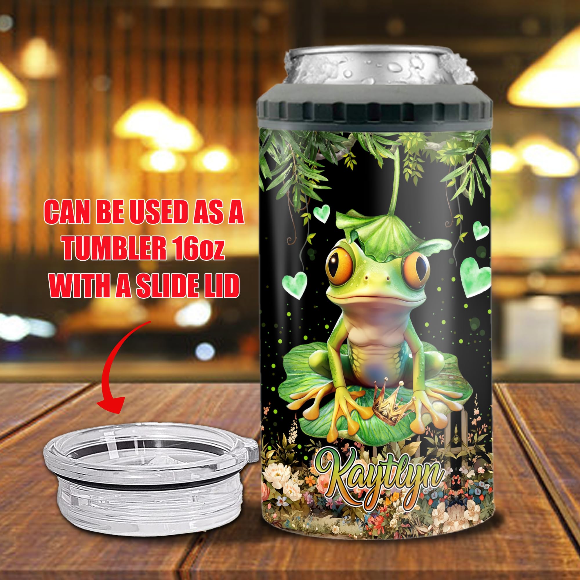 Personalized I Just Freaking Love Frogs Can Cooler 4-in-1 Insulated Double Wall 16oz Tumbler With Lid Custom Name Gifts Birthday Christmas For Women Girl Floral Frog Lovers Holder Works All 12oz Cans - Image 4