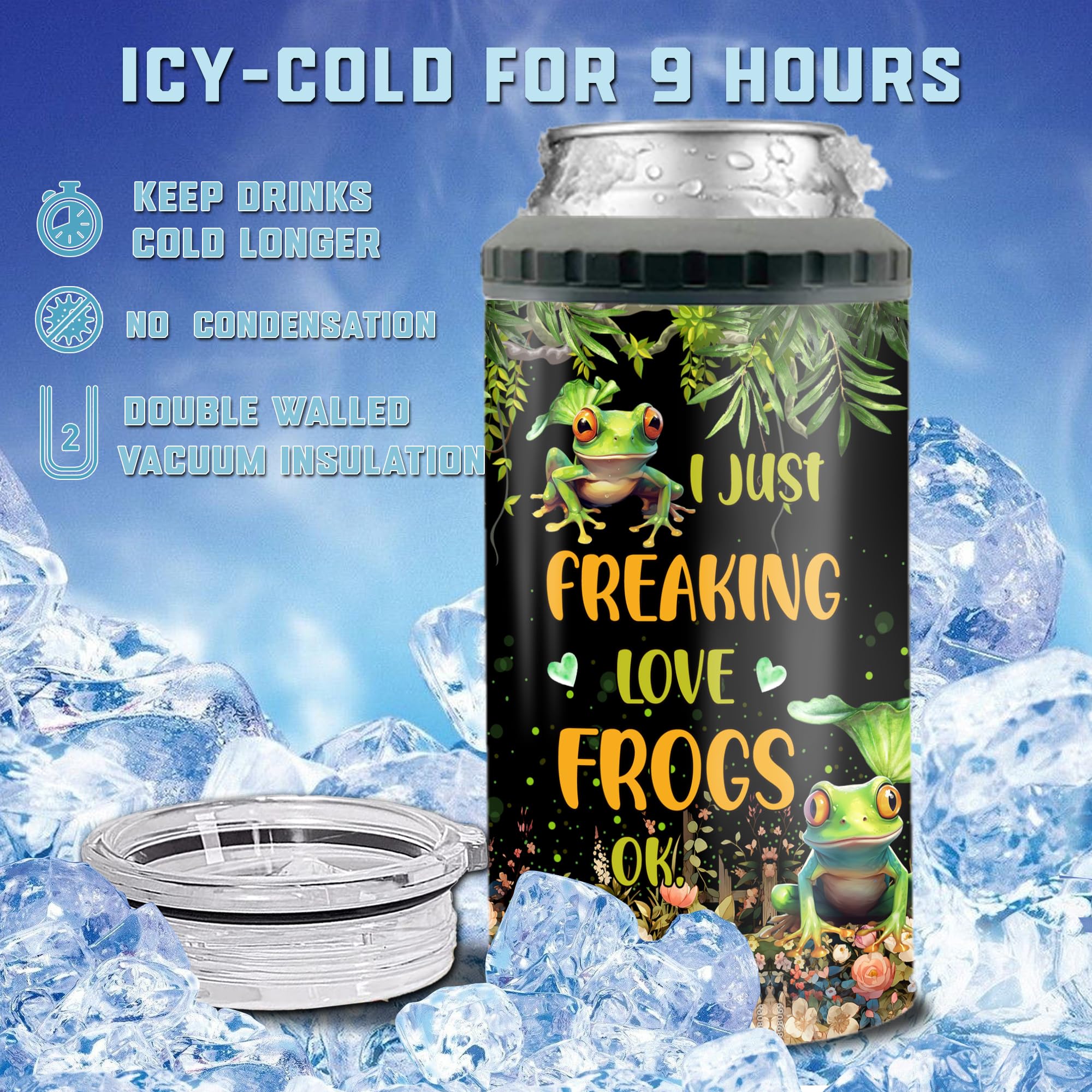 Personalized I Just Freaking Love Frogs Can Cooler 4-in-1 Insulated Double Wall 16oz Tumbler With Lid Custom Name Gifts Birthday Christmas For Women Girl Floral Frog Lovers Holder Works All 12oz Cans - Image 5