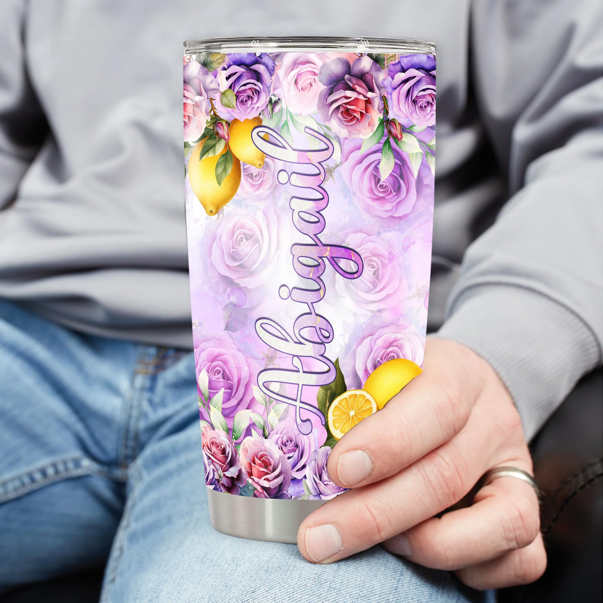 Personalized Lemon Tumbler With Lid Flowers Colorful Customized Name Insulated Cup Coffee Travel Mug For Girls Women Fruit Lovers Gifts Birthday Mothers Day - Image 3