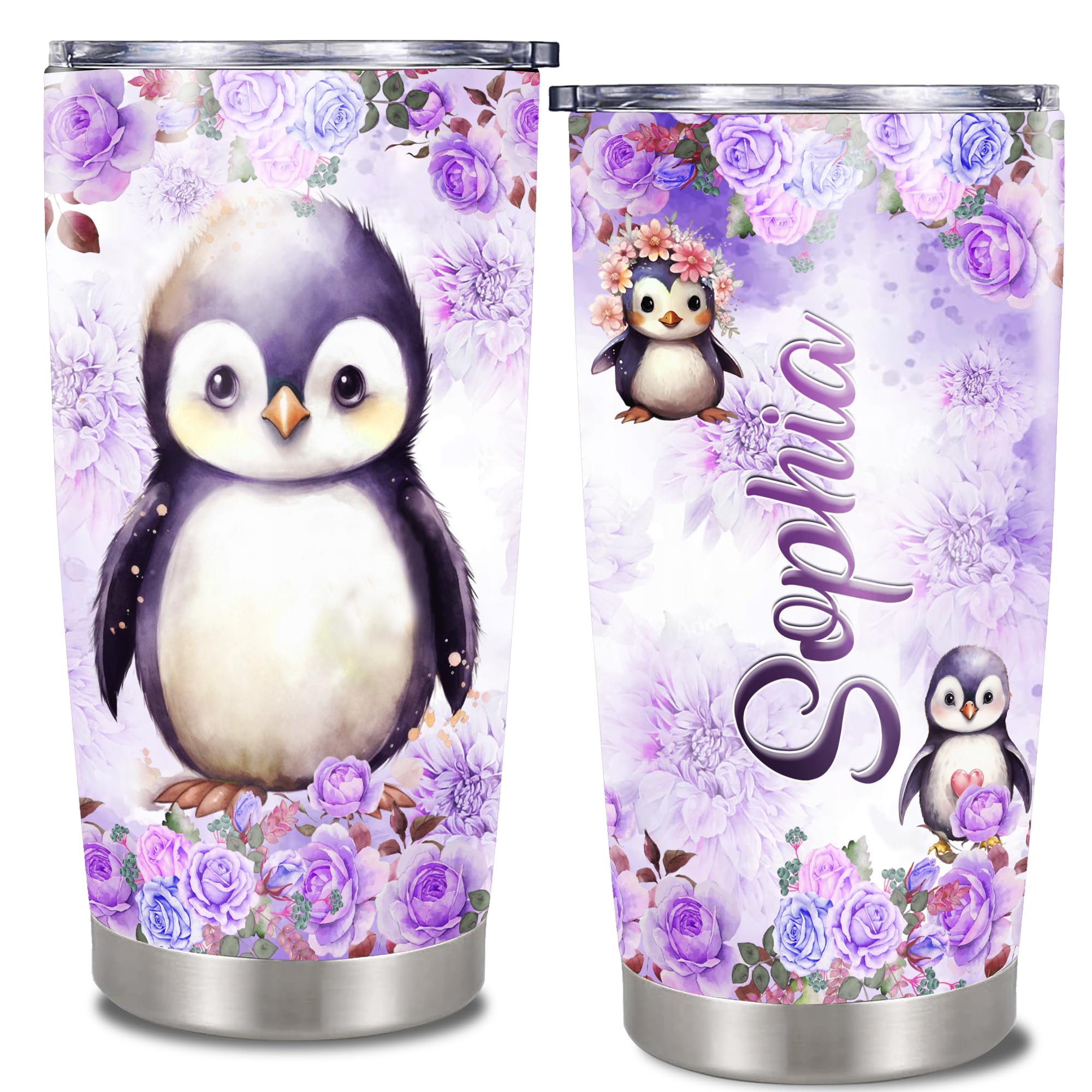 Personalized Penguin Tumbler Insulated Cup With Lid Customized Name Stainless Steel Double Wall Vacuum Travel Coffee Mug For Women Girls Lovers Gifts Birthday