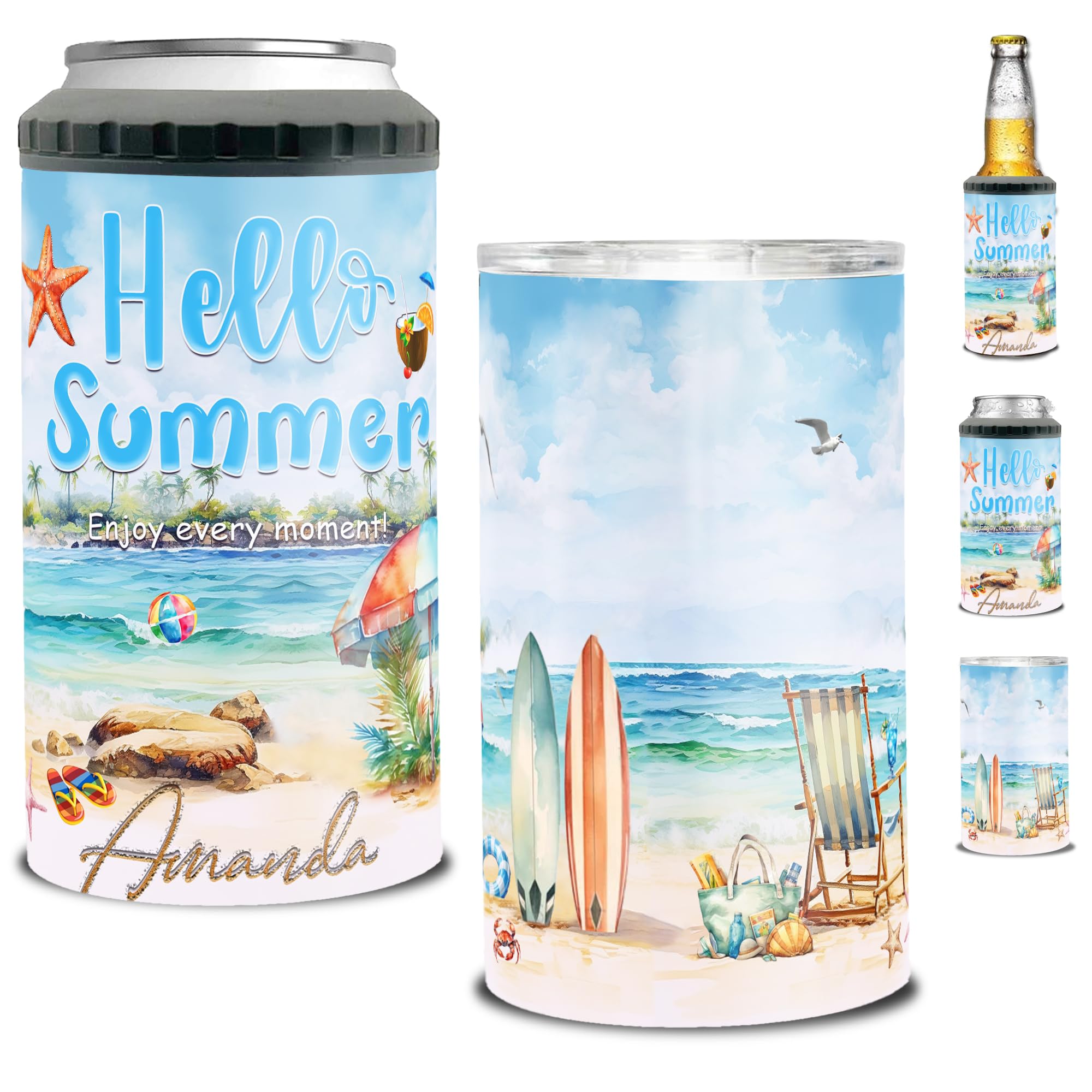 Personalized Summer Hawaii Can Cooler Tumbler Customized Name Cans 4-in-1 Insulated 16oz Beer Holder Cups With Lid Tropical Flamingo Vacation Gifts Sea Beach Pool Party