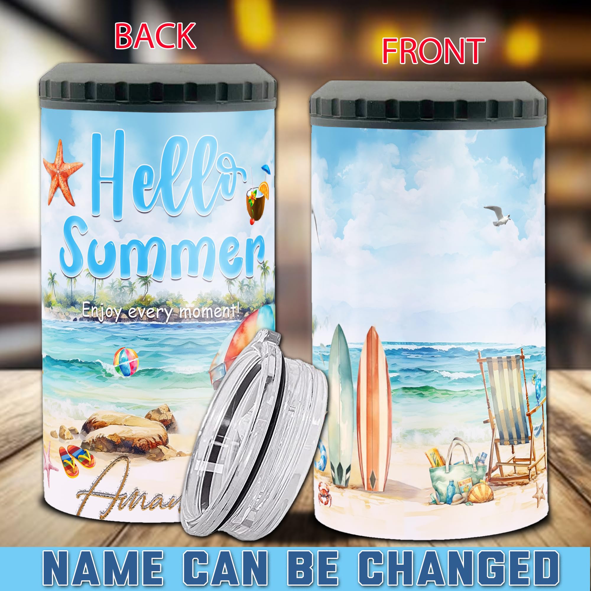 Personalized Summer Hawaii Can Cooler Tumbler Customized Name Cans 4-in-1 Insulated 16oz Beer Holder Cups With Lid Tropical Flamingo Vacation Gifts Sea Beach Pool Party - Image 2