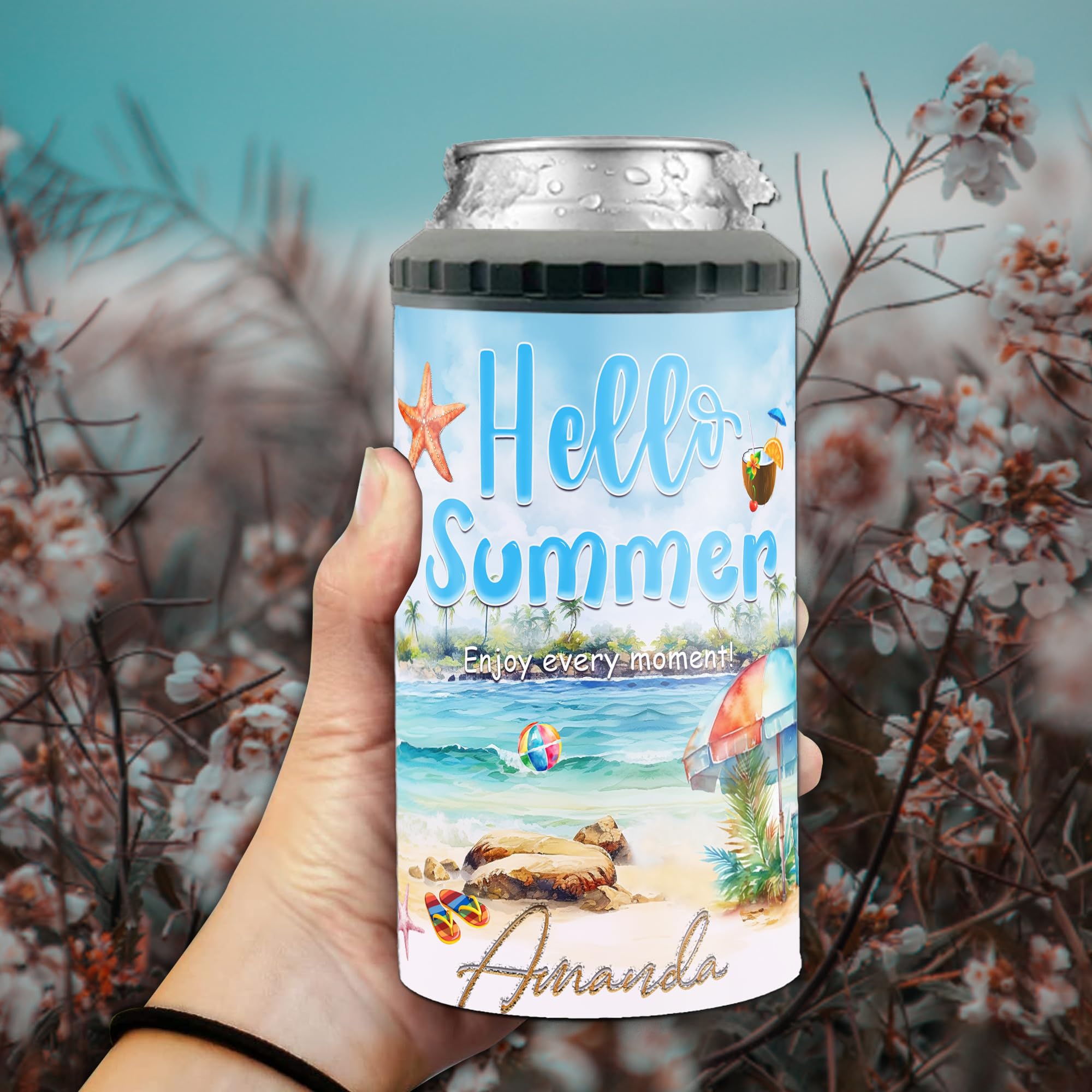 Personalized Summer Hawaii Can Cooler Tumbler Customized Name Cans 4-in-1 Insulated 16oz Beer Holder Cups With Lid Tropical Flamingo Vacation Gifts Sea Beach Pool Party - Image 3