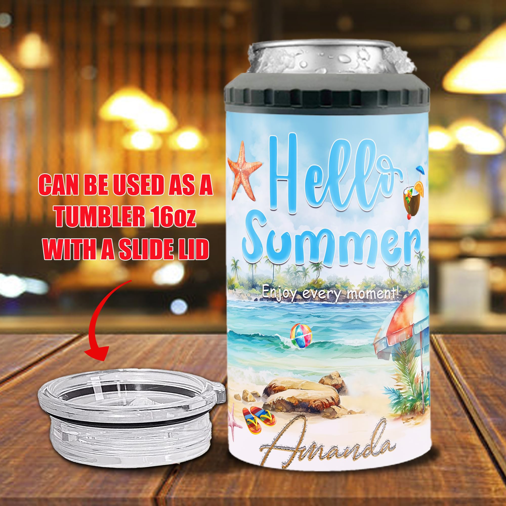 Personalized Summer Hawaii Can Cooler Tumbler Customized Name Cans 4-in-1 Insulated 16oz Beer Holder Cups With Lid Tropical Flamingo Vacation Gifts Sea Beach Pool Party - Image 4