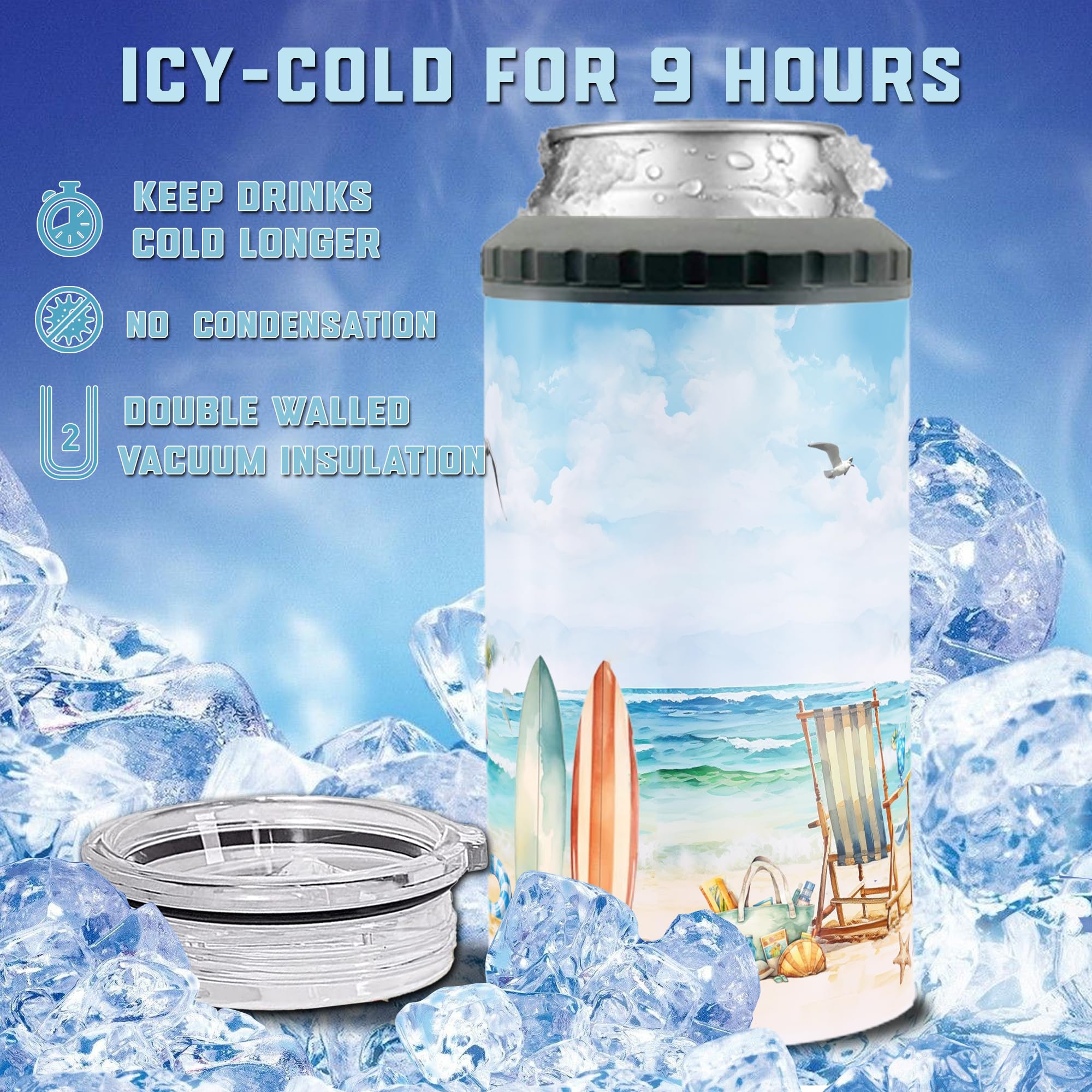 Personalized Summer Hawaii Can Cooler Tumbler Customized Name Cans 4-in-1 Insulated 16oz Beer Holder Cups With Lid Tropical Flamingo Vacation Gifts Sea Beach Pool Party - Image 5
