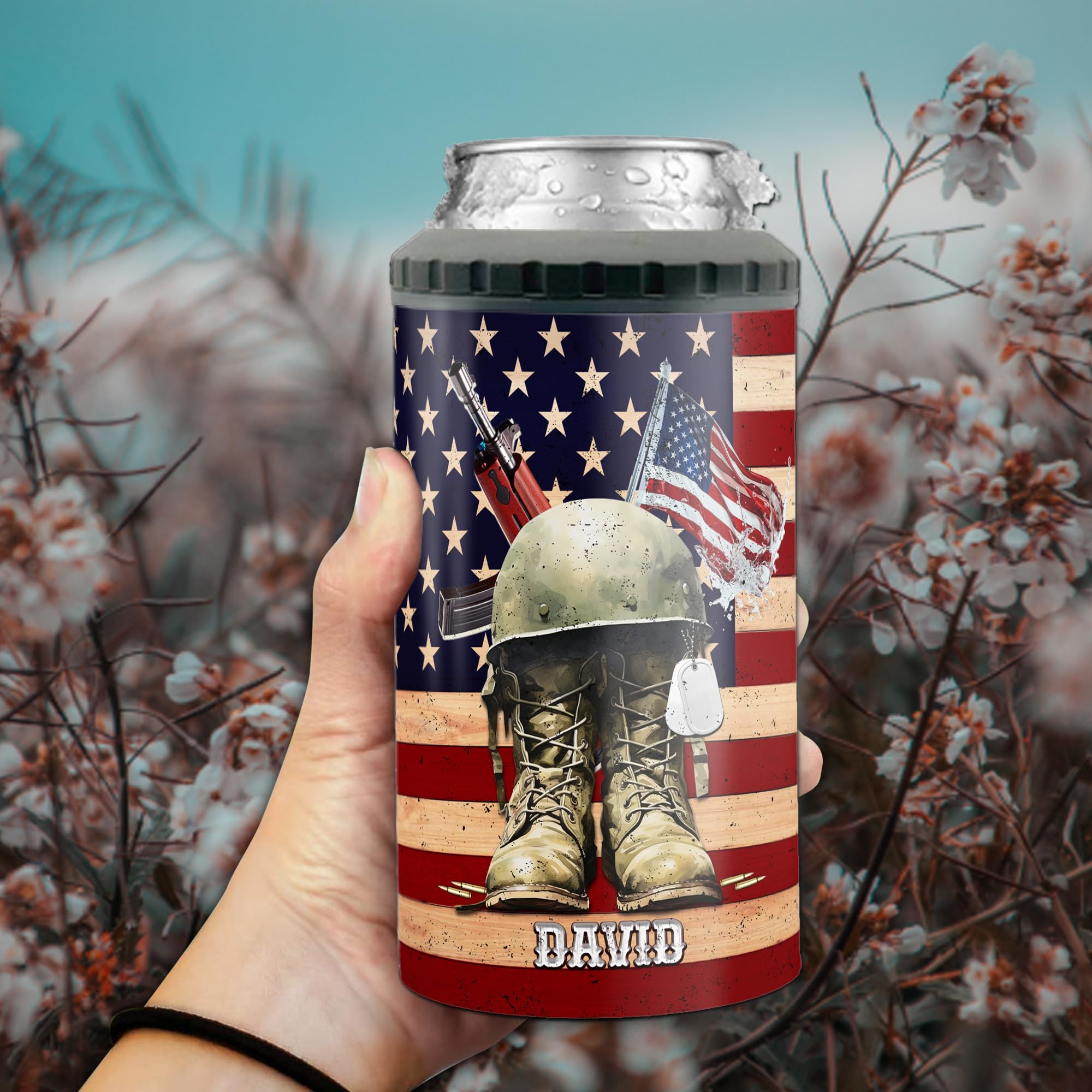 Personalized Veteran Can Cooler 4-in-1 Insulated 16oz Stainless Steel Tumbler with Lid Customized Name Holder Cups Gifts for Retired Military Husband Fathers Veteran Day Grandpa Christmas - Image 3