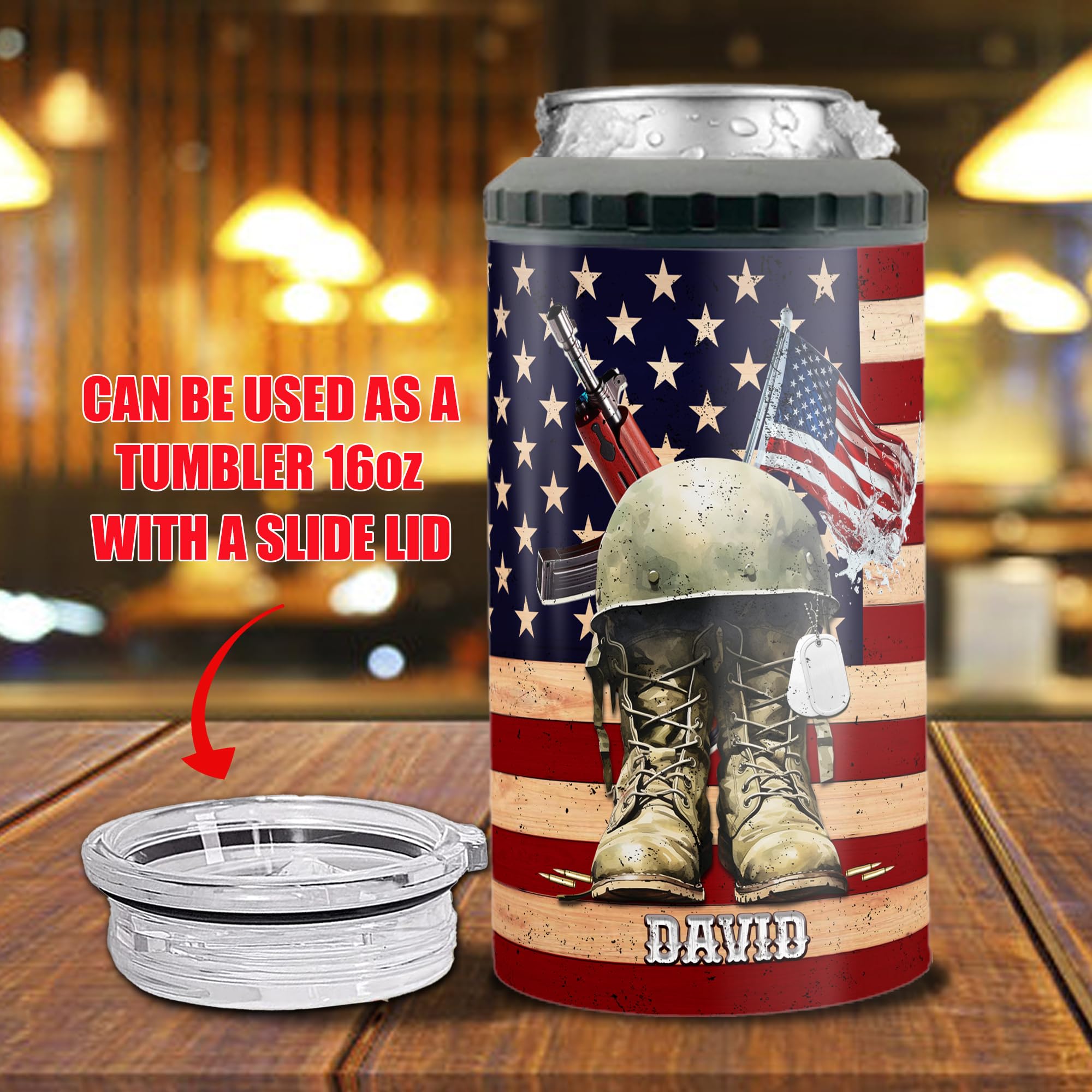 Personalized Veteran Can Cooler 4-in-1 Insulated 16oz Stainless Steel Tumbler with Lid Customized Name Holder Cups Gifts for Retired Military Husband Fathers Veteran Day Grandpa Christmas - Image 4
