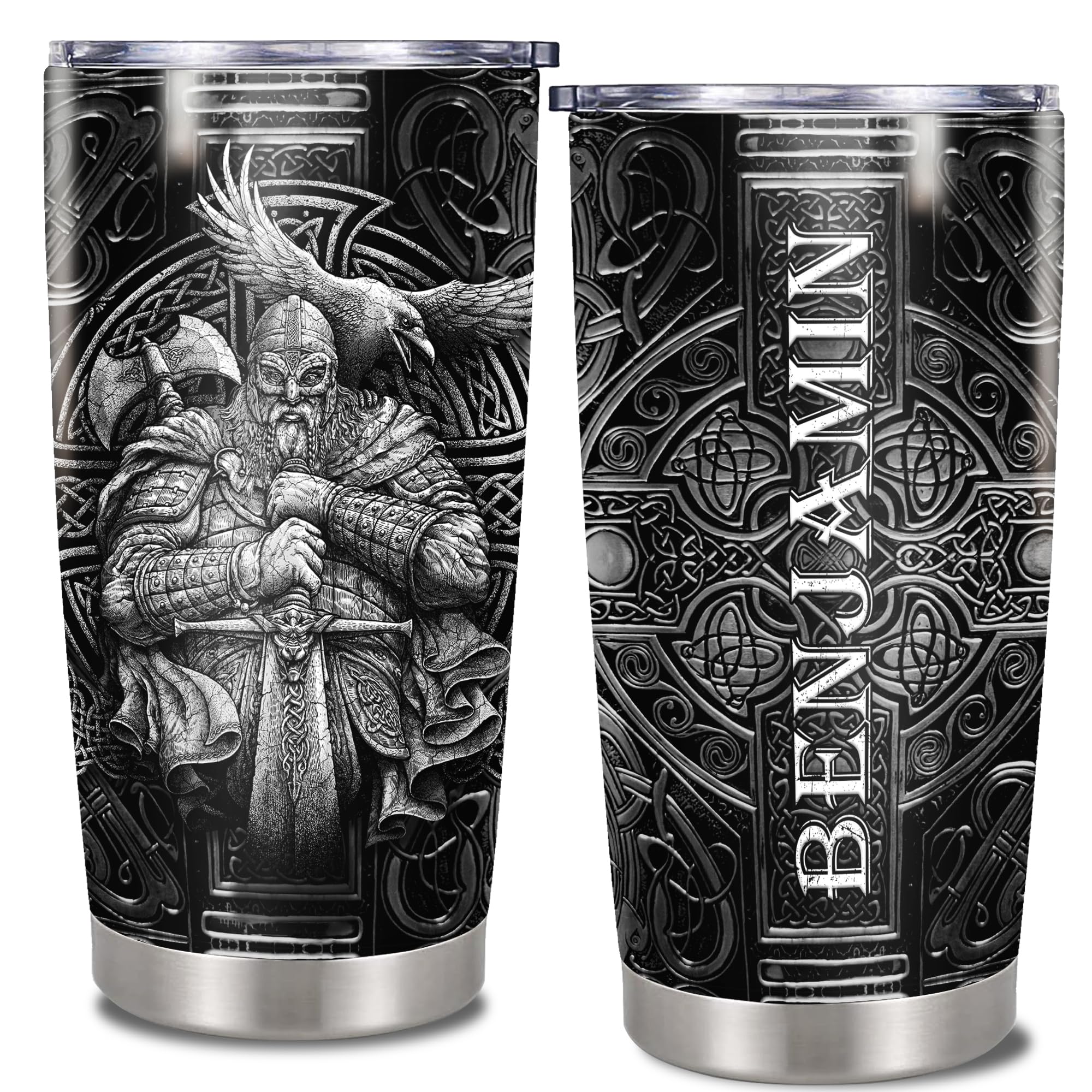 Personalized Viking Tumbler Custom Name Coffee Mug Insulated Cups with Lid Stainless Steel Double Wall Vacuum 20oz 30oz Customized Vikings Gifts For Men Husband Son Dad Grandpa